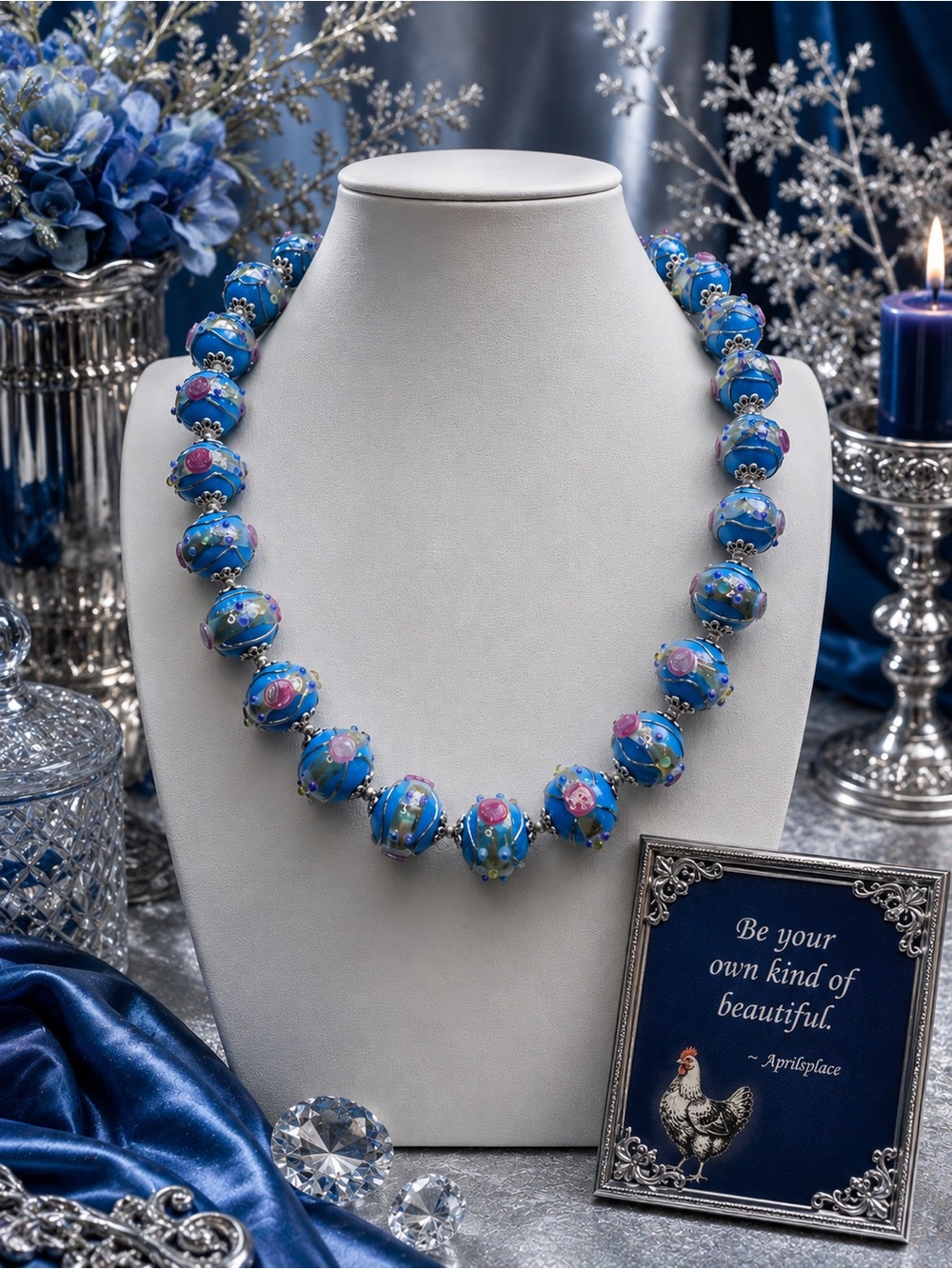 #6 FLASH BLUE SILVER WEDDING CAKE HAND KNOTTED 20 inch